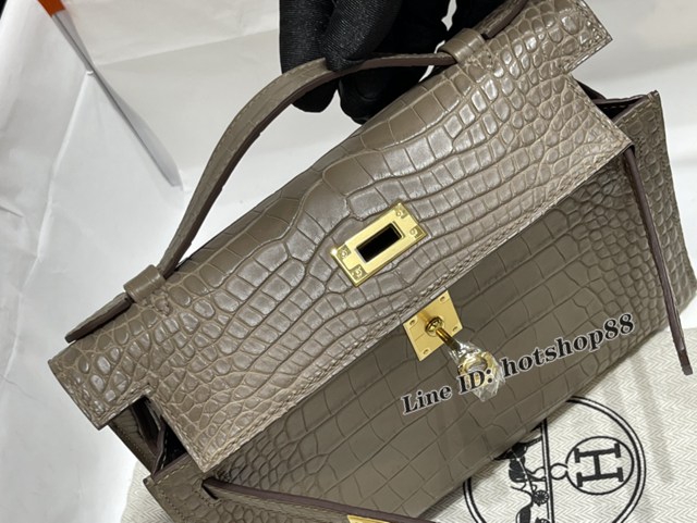 Hermes專櫃經典款凱莉mini手提女包 愛馬仕Kelly一代22CM霧面美洲鱷大象灰金扣純手工包 zhh1139